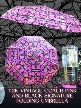 OBO - Y2K Vintage Coach Pink & Black Signature C Folding Umbrella